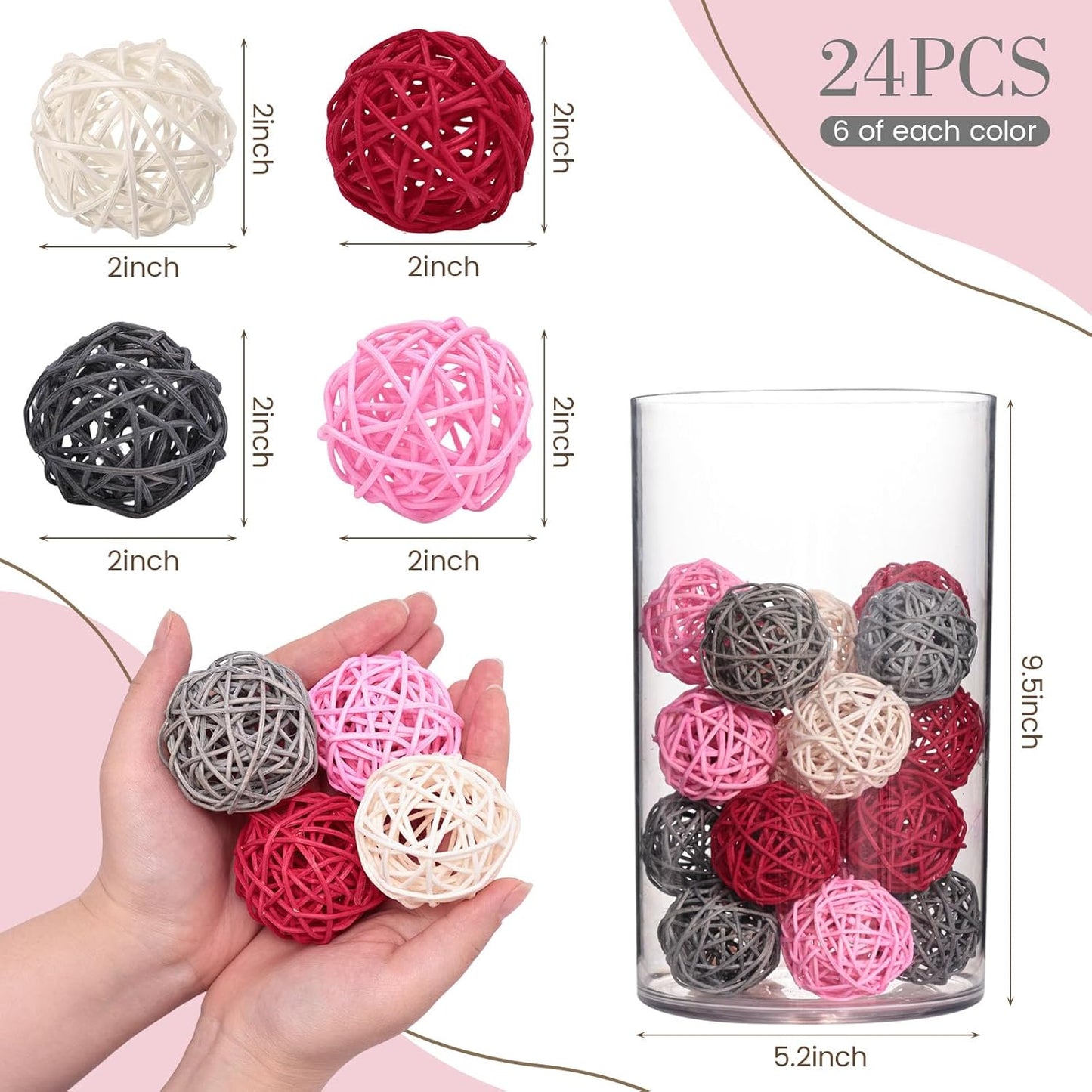 DomeStar 24PCS Brown Decorative Balls for Bowl Centerpiece, 2 Inch Rattan Balls Bowl Fillers Decor - Wicker Twig Orbs Spheres, Wedding Home Vase Table Decor