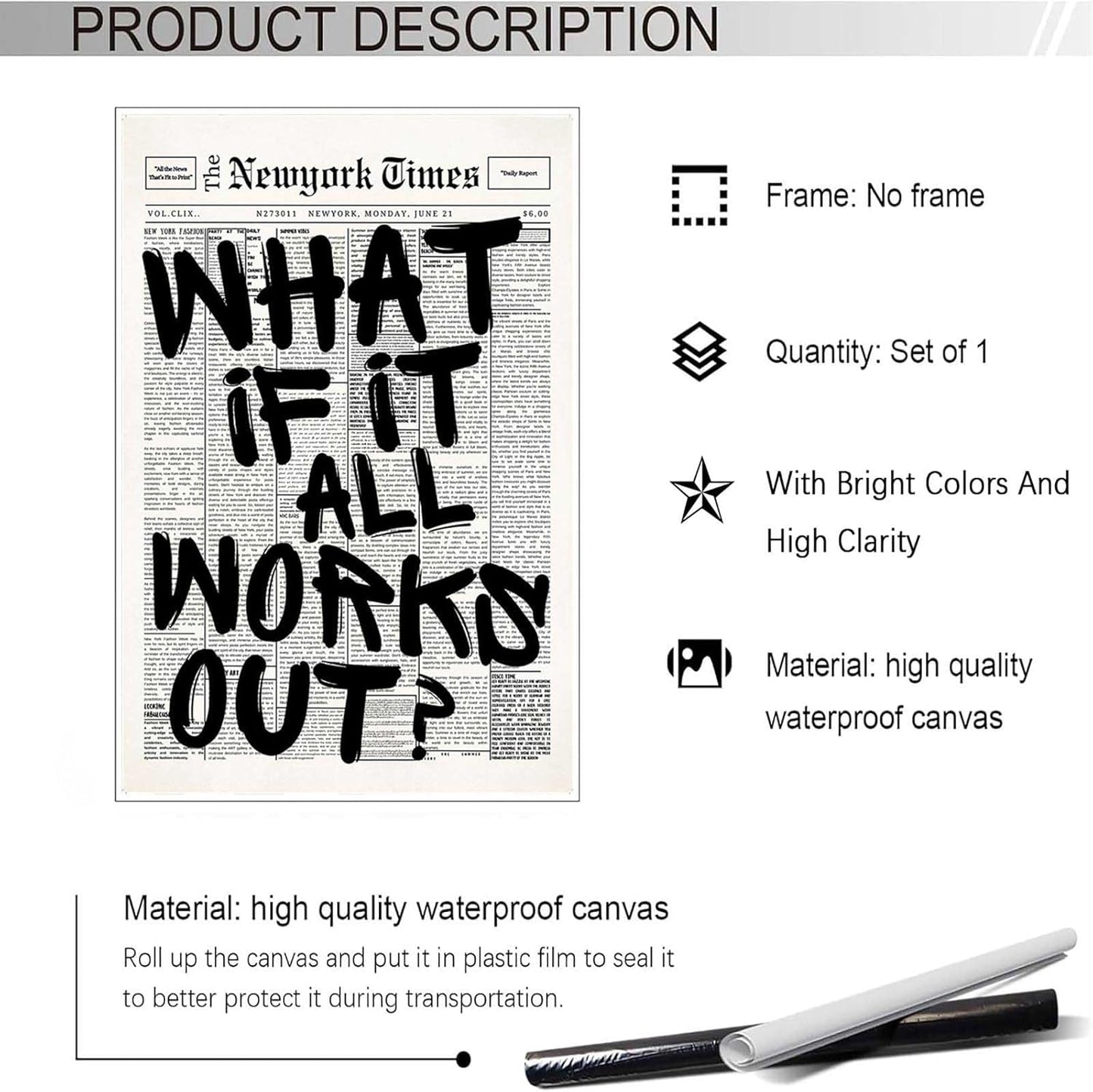 Retro Black And White Newspaper Poster What If It All Works Out Canvas Wall Art Positive Affirming Quote Minimalist Prints Painting For Home Bedroom Dorm Wall Decor 12x16in Unframed