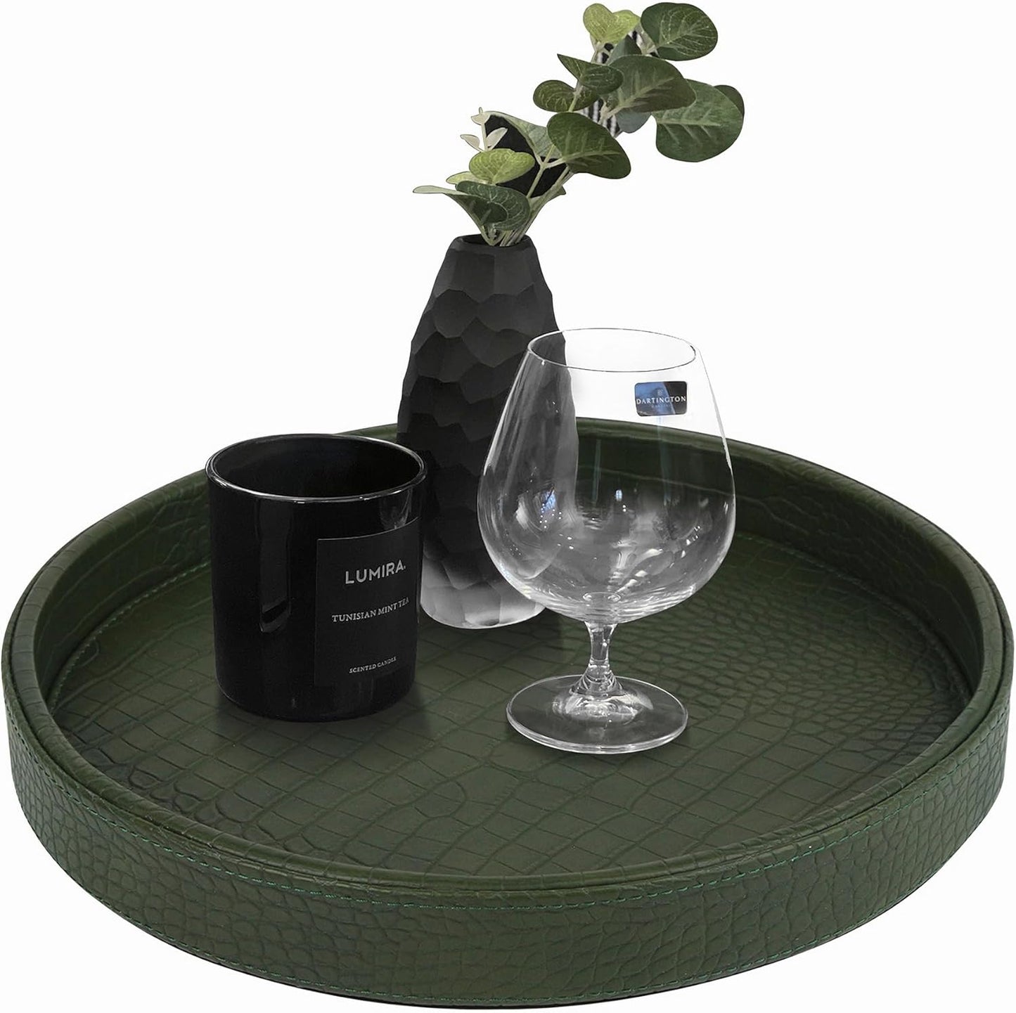 HofferRuffer Round Serving Tray 20'', Elegant Faux Leather Circle Ottoman Table Tray, Serve Tea Coffee Breakfast in Bedroom Living Room Kitchen (Brown)