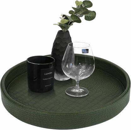 HofferRuffer Round Serving Tray 20'', Elegant Faux Leather Circle Ottoman Table Tray, Serve Tea Coffee Breakfast in Bedroom Living Room Kitchen (Brown)