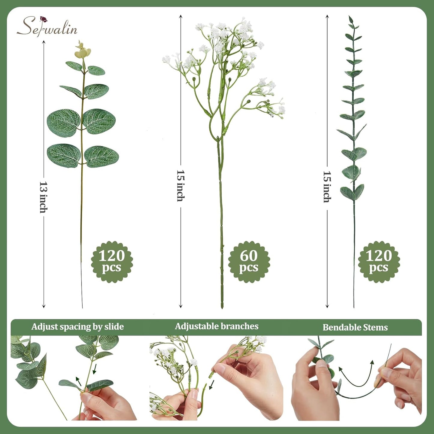 Serwalin 100 Pcs Mixed Artificial Eucalyptus Stems,Babys Breath Artificial Flowers Bulk with Faux Eucalyptus Leaves Greenery Stems for Wedding DIY Bouquets Floral Arrangement Home Decor
