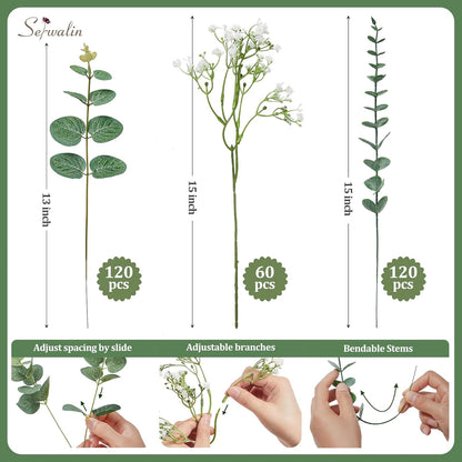 Serwalin 100 Pcs Mixed Artificial Eucalyptus Stems,Babys Breath Artificial Flowers Bulk with Faux Eucalyptus Leaves Greenery Stems for Wedding DIY Bouquets Floral Arrangement Home Decor