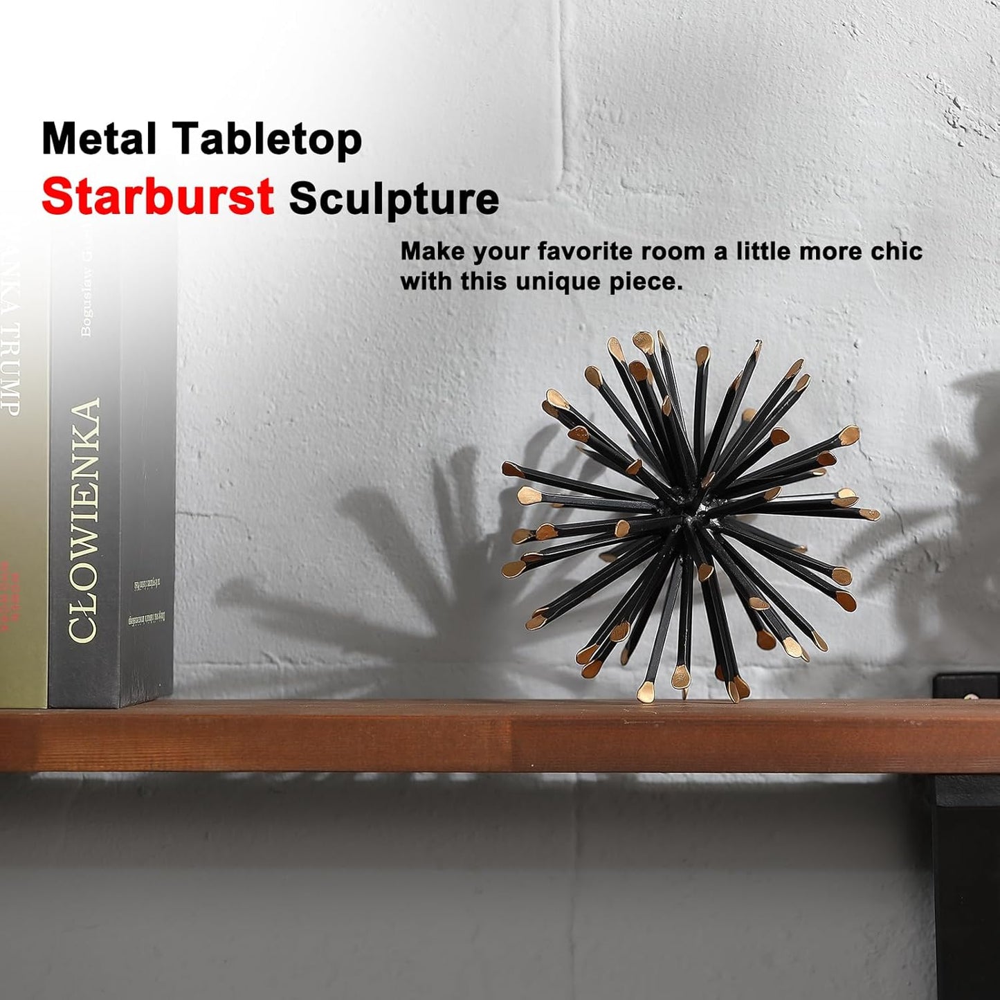 6.5 Inch Starburst Table Decoration, Modern Metal Decorative Spike Tabletop Sculpture Shelf Accents, Black & Gold
