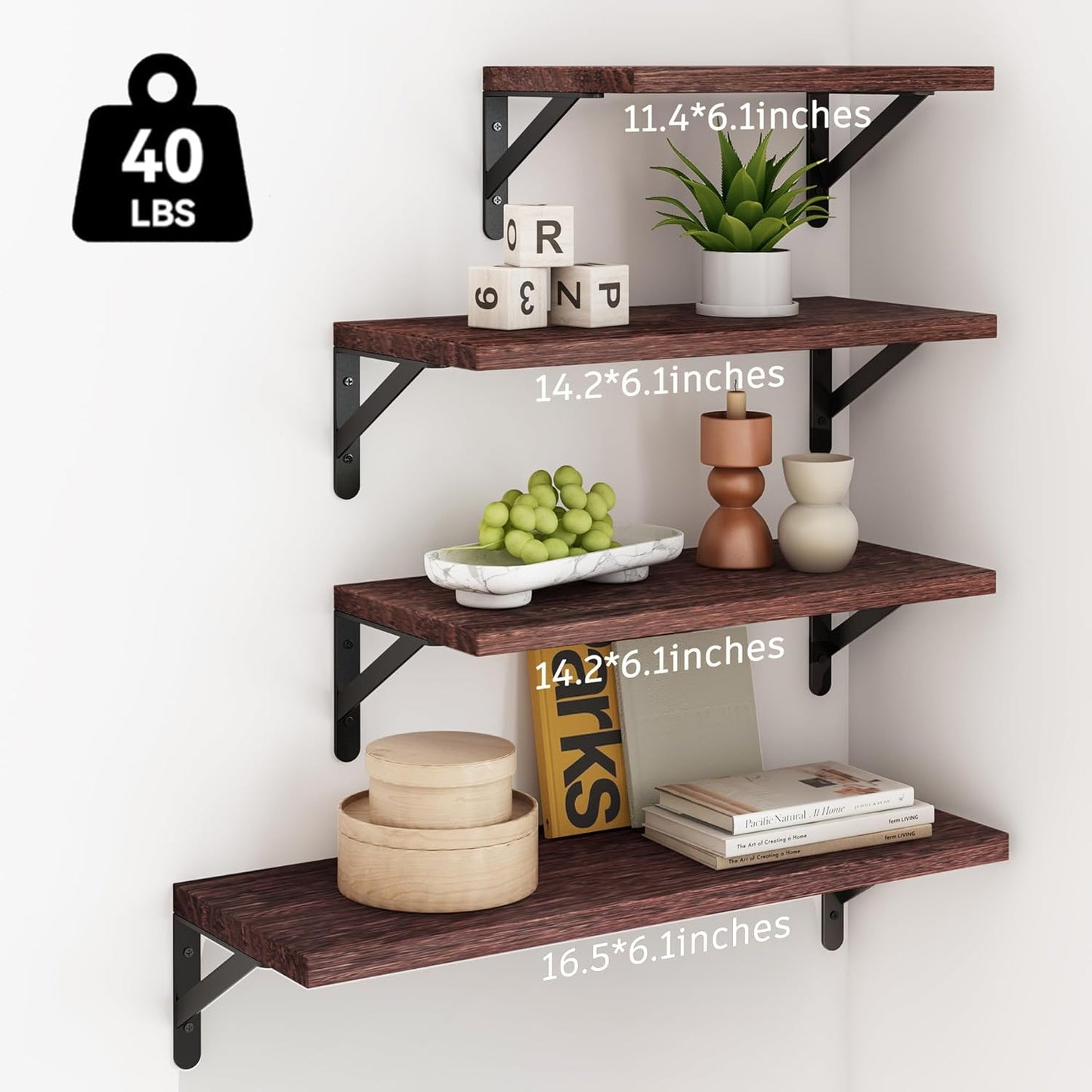 YGEOMER Floating Shelves for Wall, Different Sizes Dark Carbonized Brown Wall Shelves for Living Room, Bathroom, Bedroom, Kitchen, Home Decor (Set of 4)