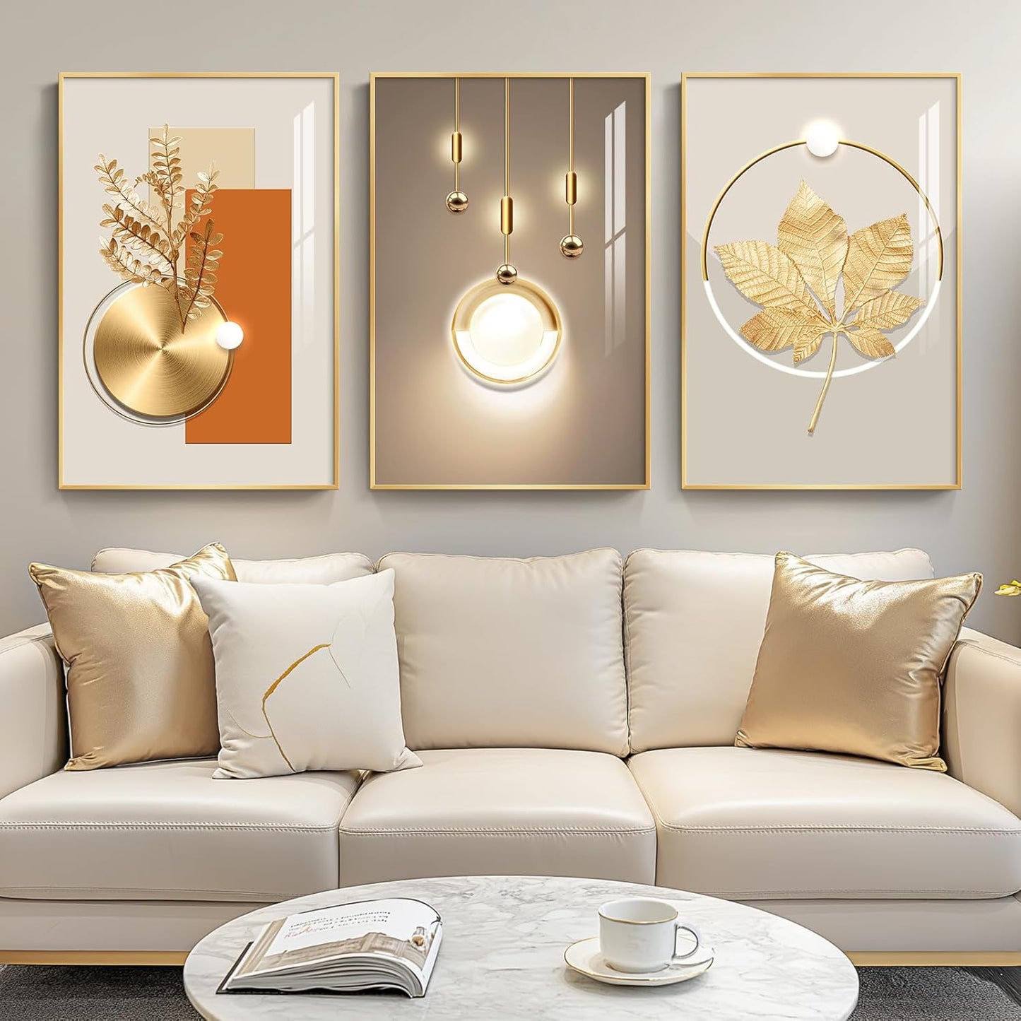 Framed Modern Luxury Gold Wall Art, Set of 3 Piece Contemporary Paintings Artwork for Walls, Golden Prints Pictures with Gold Frame, Wall Decor for Living Room, Hallway, Bedroom, Office 16x24 Inch
