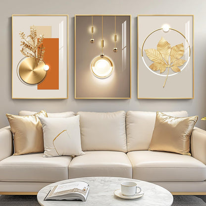 Framed Modern Luxury Gold Wall Art, Set of 3 Piece Contemporary Paintings Artwork for Walls, Golden Prints Pictures with Gold Frame, Wall Decor for Living Room, Hallway, Bedroom, Office 16x24 Inch