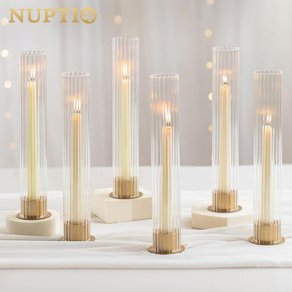 NUPTIO Hurricane Candle Holder for Centerpiece: Set of 10 Metal Taper Candle Holders with Fluted Glass Cylinders - Gold Candlestick Holders Bulk for Outdoor Party Dinner Wedding Table Decoration