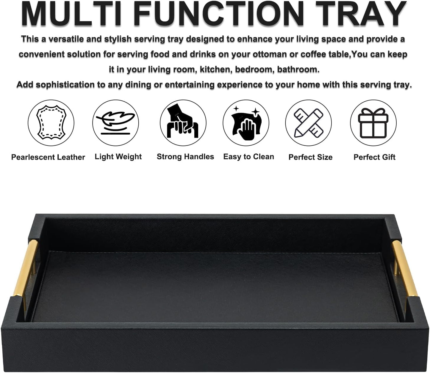 Beige Faux Leather Serving Tray with Handles – Large Decorative Tray for Coffee Table, Ottoman, Living Room, Bathroom – Home Decor