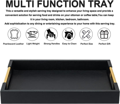 Beige Faux Leather Serving Tray with Handles – Large Decorative Tray for Coffee Table, Ottoman, Living Room, Bathroom – Home Decor