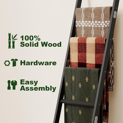 Blanket Ladder Towel Racks For Bathroom 5 Layers Towel Holder 100% Bamboo Wood Sturdy Construction No Need Wall Drilling Quilt Scarf Storage Solution Decorative Leaning Shelf for Living Room (White)