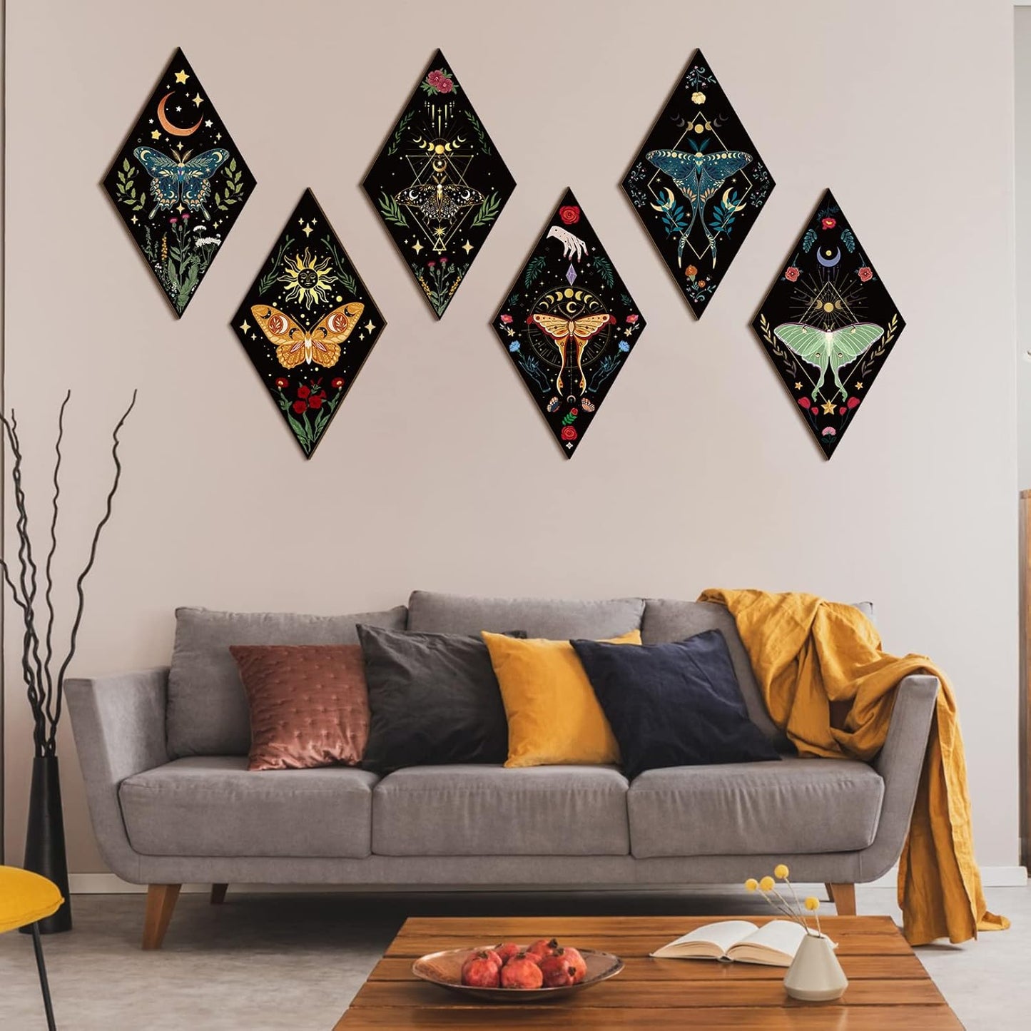 Sintuff 6 Pieces Gothic Wall Decor Boho Sun Moon Phases Wall Art Gothic Minimalist Stars Sun Hanging Wooden Home Decor Farmhouse Pediments for Gallery Living Bedroom Room(Mushroom)