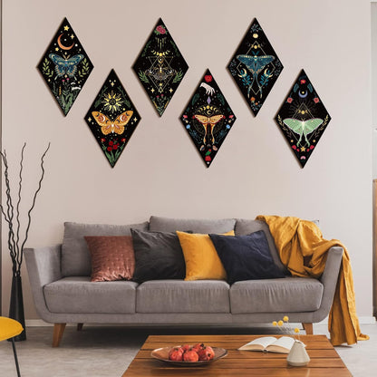 Sintuff 6 Pieces Gothic Wall Decor Boho Sun Moon Phases Wall Art Gothic Minimalist Stars Sun Hanging Wooden Home Decor Farmhouse Pediments for Gallery Living Bedroom Room(Mushroom)