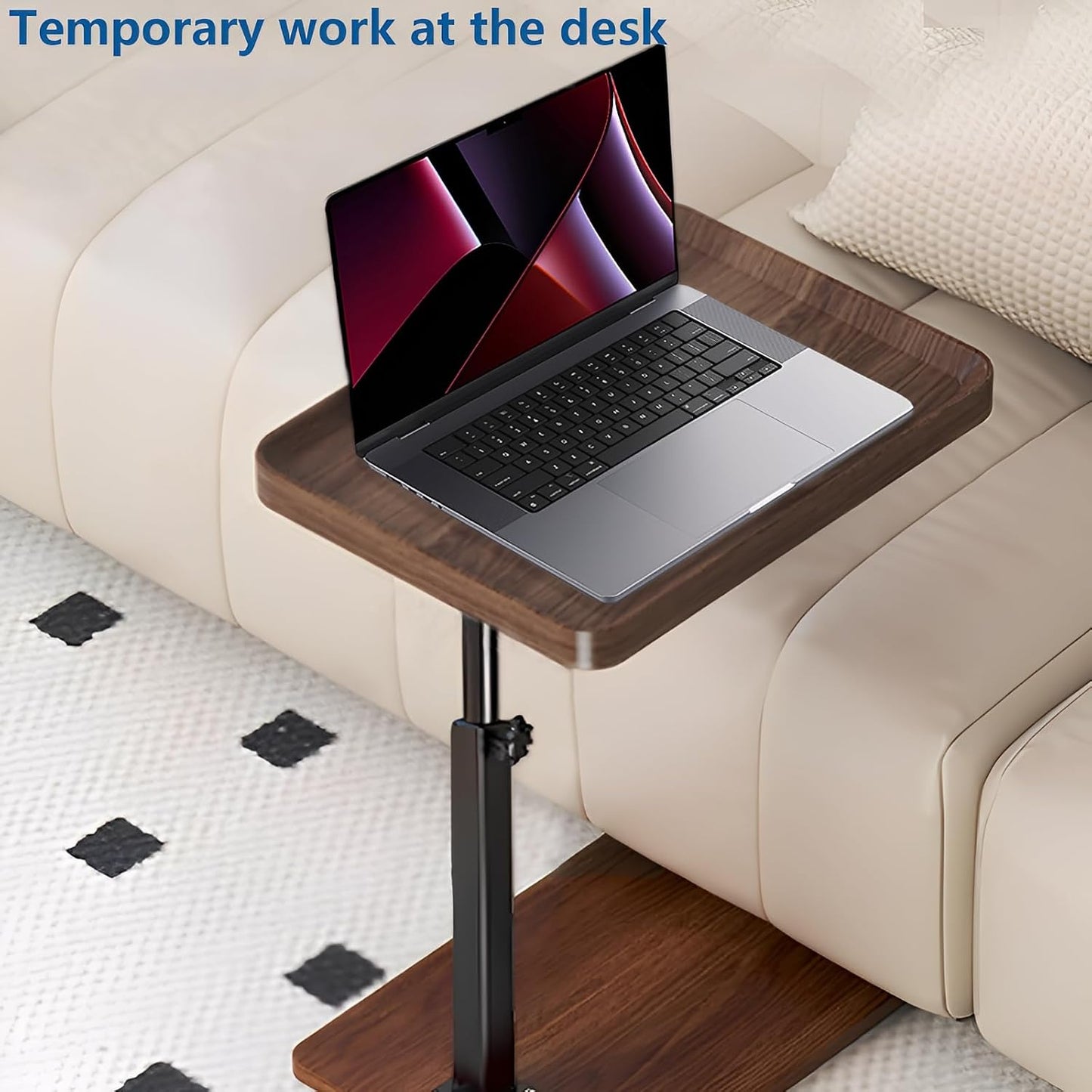 C Table End Table Adjustable Height, 360°Swivel TV Tray Table for Small Spaces, Side Tables with Wheels for Living Room and Bedroom, Bed (Walnut)