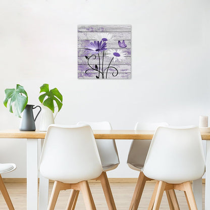 HVEST Farmhouse Floral Wall Art for Living Room, Blue and White Daisy Flower and Butterfly on Rustic Wood Board Canvas Wall Art Framed Artwork Ready to Hang for Bathroom Bedroom Decor, 16L X 12W