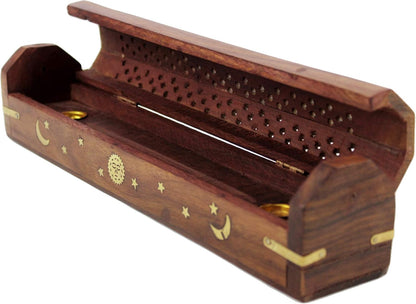 Sheesham Wood Incense Burner - Handmade Coffin Style Sun and Moon Inlay Incense Holder - Aromatherapy Room Freshener Cone Incense Stick Burner Ash Catcher - Zen Home Gift - 12x2x2 - COTTON CRAFT