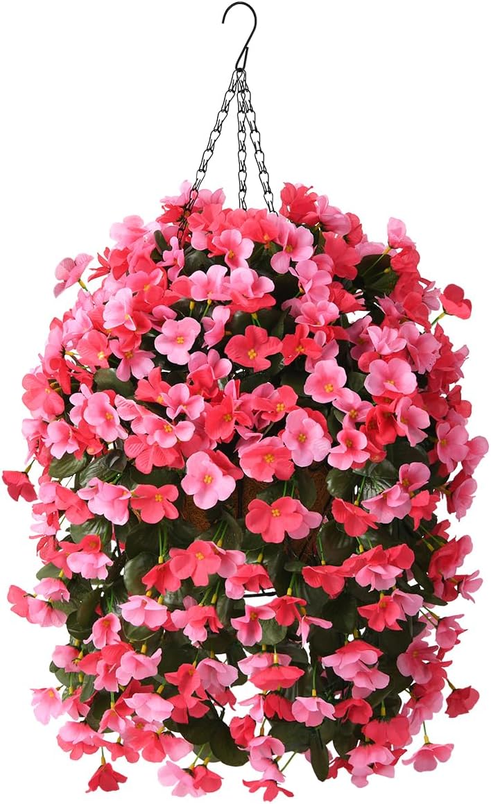INQCMY Artificial Fake Hanging Plants Flowers Basket for Spring Summer Outdoor Outside Decoration,Faux Silk Begonia Flower in Planter Look Real UV Resistant for Home Porch Patio Balcony Yard Decor