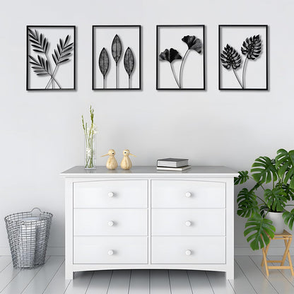 QXSXKJ Black Metal Wall Decor Framed, 3d Modern Metal Wall Art with Light, Minimalist Abstract Black Line Art DéCor, 4 Piece Home Art for Living Room Bedroom Bathroom