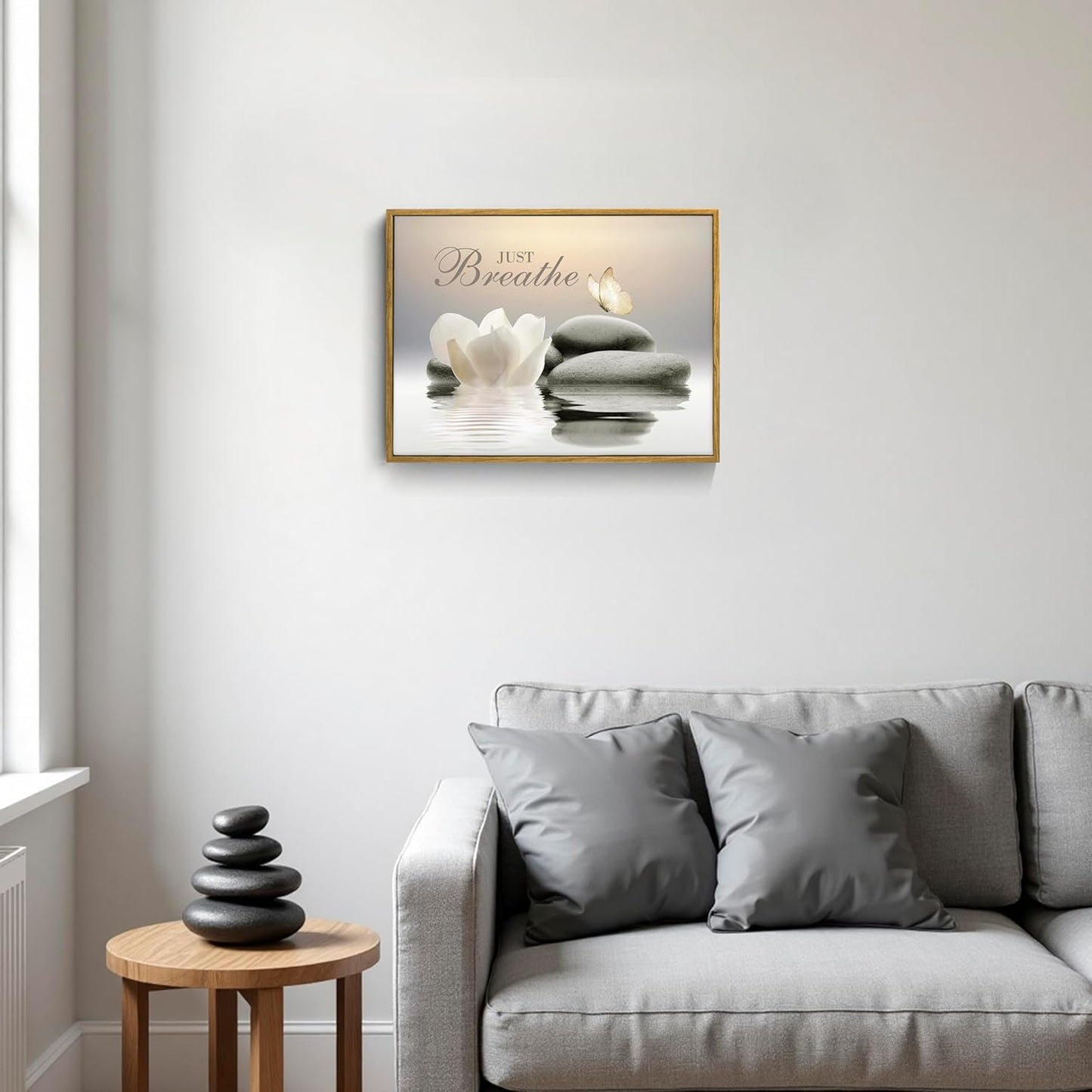 EOBTAIN Zen Flower Canvas Wall Art Bathroom Butterfly and Water Lily Stone Relaxing Spiritual Yoga Framed Wall Art Just Breathe Pictures Canvas Wall Decor for Living Room Bedroom,12x16 Inches