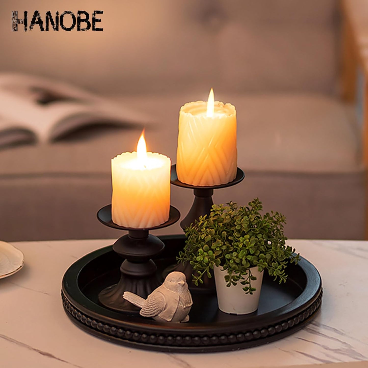 Hanobe Round Wooden Decorative Tray: White Washed Bead Tray Decor for Coffee Table Centerpiece Rustic Farmhouse Tray for Kitchen Counter Living Room Decoration