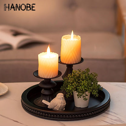 Hanobe Round Wooden Decorative Tray: White Washed Bead Tray Decor for Coffee Table Centerpiece Rustic Farmhouse Tray for Kitchen Counter Living Room Decoration