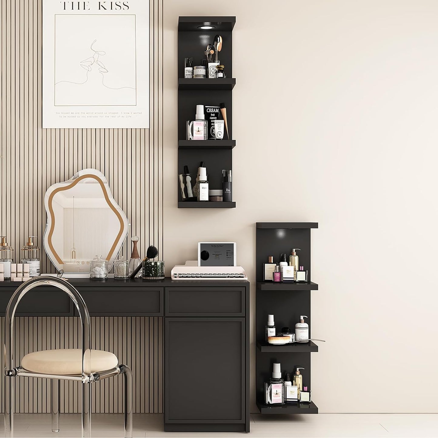 LitaEther Versatile 7 Tier Wall Shelf Unit,White Lack Wall Shelf,Display Floating Shelf with LED Remote Control Light