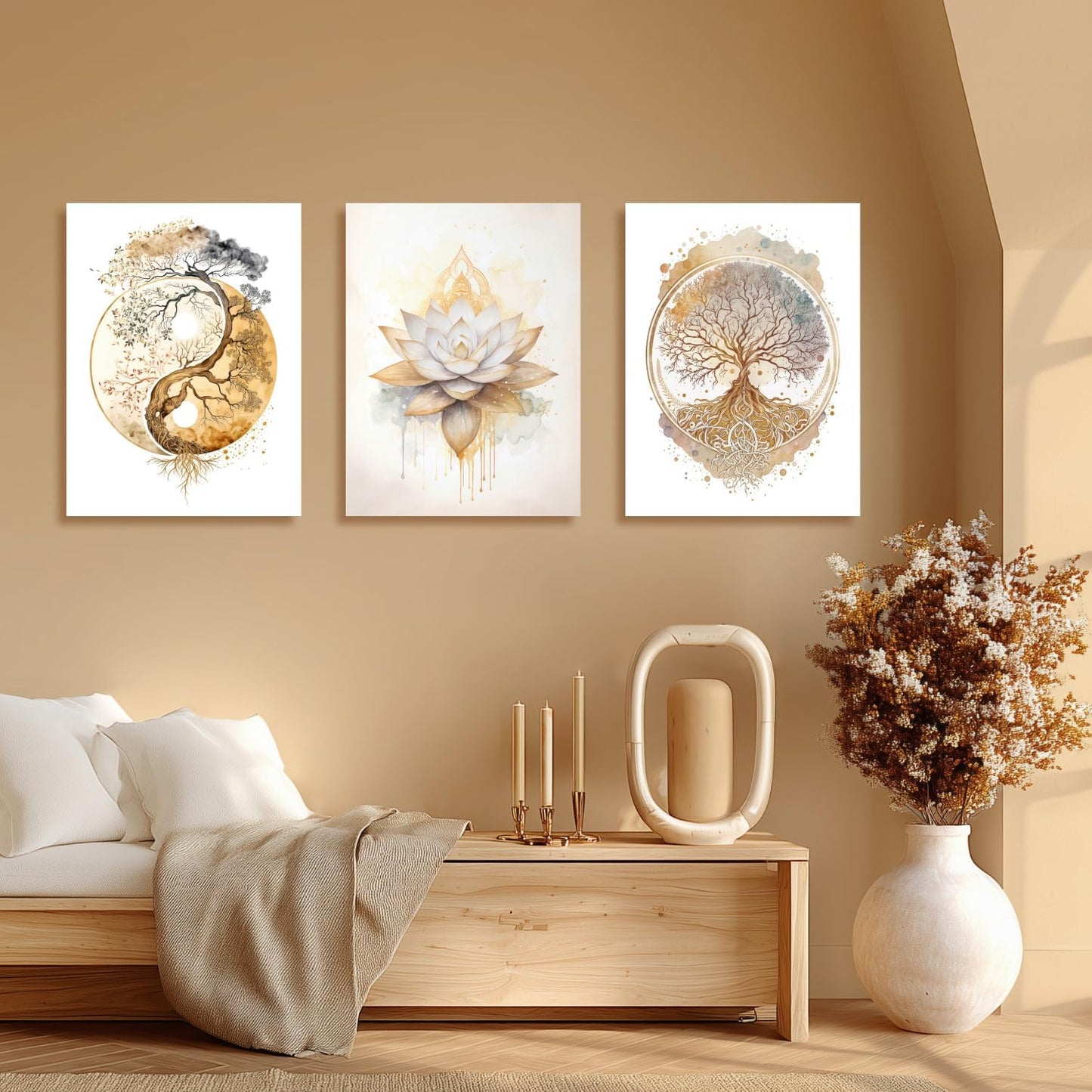 GELDSTEI Calm Zen Botanical Canvas Wall Art, White Lotus Blooming on Stones in Water Aesthetic Pictures, Yoga Spa Meditation Room Decor, Modern Spiritual Poster Prints for Zen Office Framed Set of 3, Each 12x16 Inch