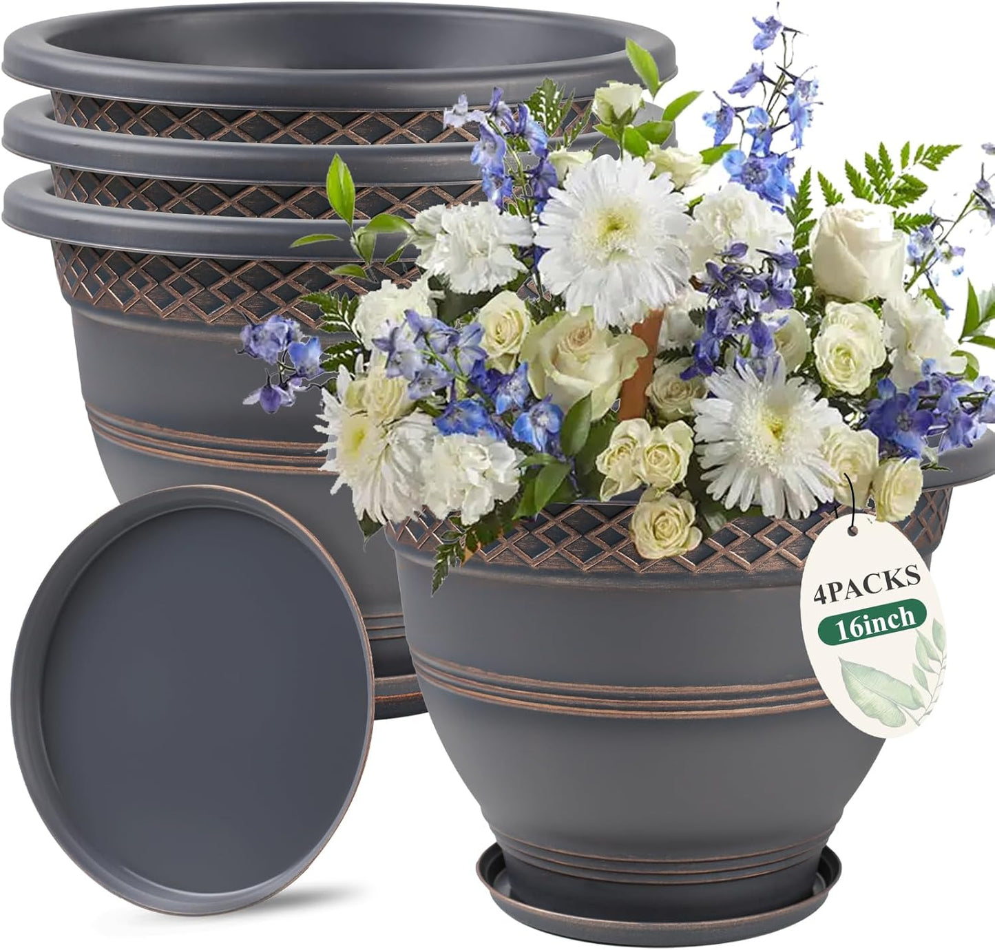 Usocik 10 Inch 4 Pack Plant Pots, Plastic Flower Pot for Indoor & Outdoor with Drainage Holes & Saucer, Plaid Pattern Planters Garden Pots for Herbs