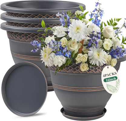 Usocik 10 Inch 4 Pack Plant Pots, Plastic Flower Pot for Indoor & Outdoor with Drainage Holes & Saucer, Plaid Pattern Planters Garden Pots for Herbs