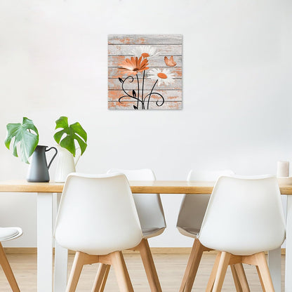 HVEST Farmhouse Floral Wall Art for Living Room, Blue and White Daisy Flower and Butterfly on Rustic Wood Board Canvas Wall Art Framed Artwork Ready to Hang for Bathroom Bedroom Decor, 16L X 12W