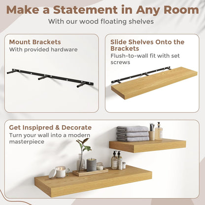 72 Inch Long Floating Shelves for Wall Set of 2, 12"D Wood Grain Bathroom Shelves with Invisible Brackets, Easy Install Engineered Wood Storage Shelves for Kitchen, Living Room, Bedroom, Black Finish
