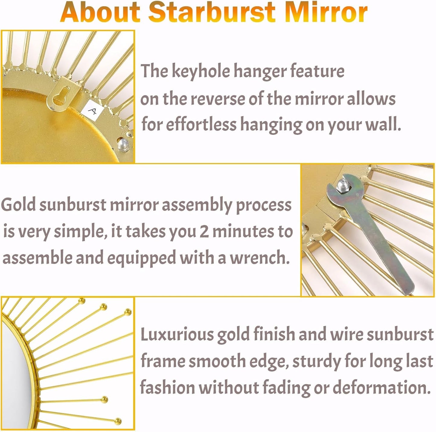 24'' Large Gold Sunburst Mirror, Metal Starburst Mirrors, Mid-Century Modern Sun Mirror Wall Decor for Living Room, Bedroom, Bathroom, Hallway, and Entryway