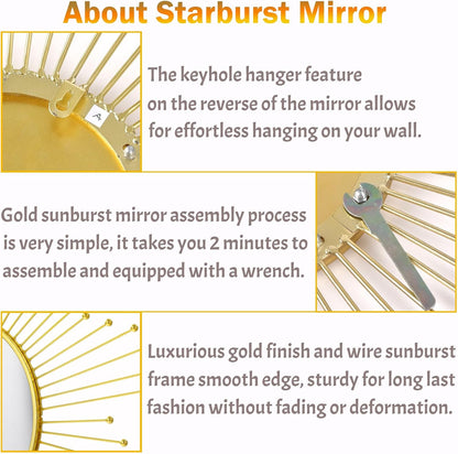 24'' Large Gold Sunburst Mirror, Metal Starburst Mirrors, Mid-Century Modern Sun Mirror Wall Decor for Living Room, Bedroom, Bathroom, Hallway, and Entryway
