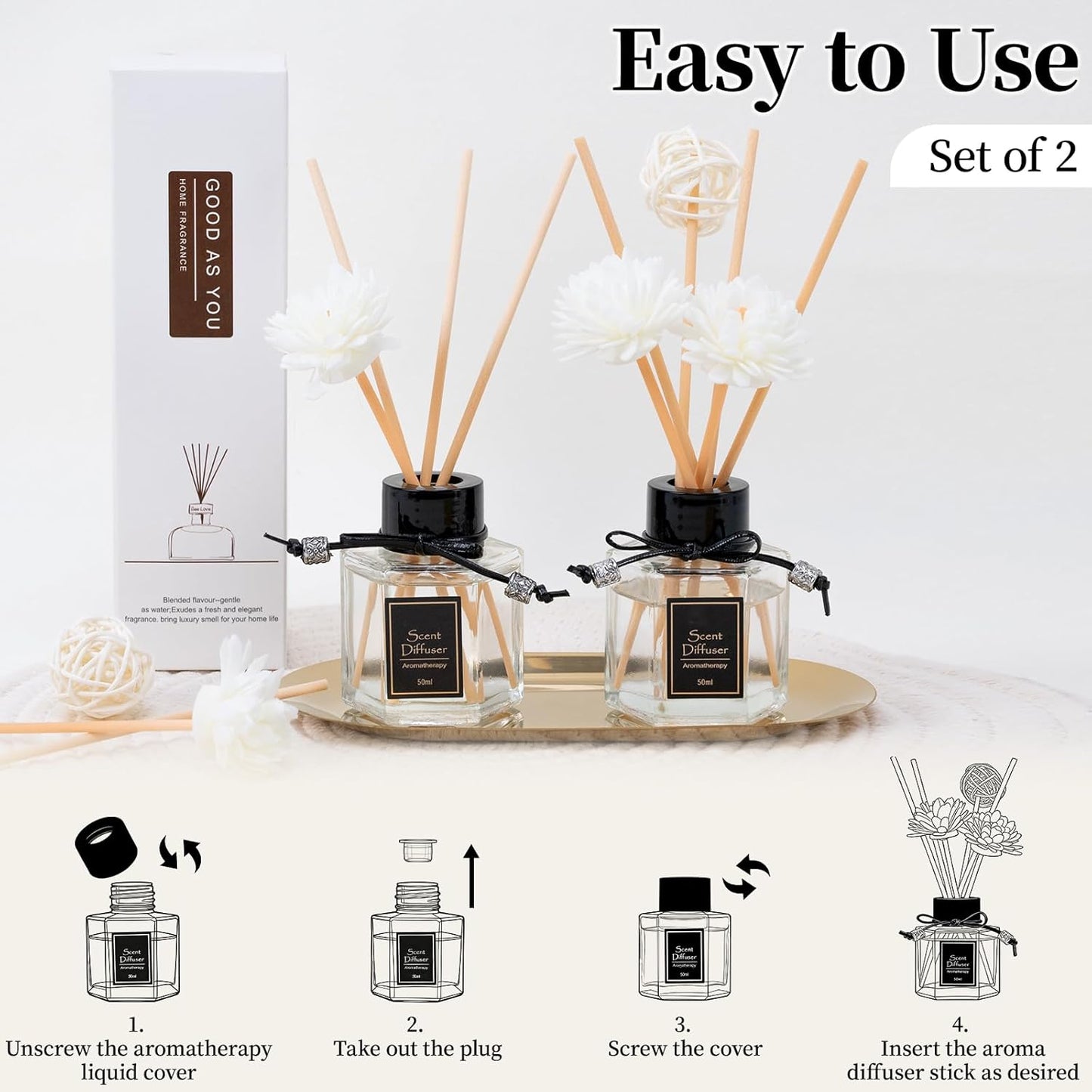 TonJin 2PCS Jasmine Reed Diffuser Set 1.7 fl oz with 6 Scent Sticks, Exotic Floral Home Fragrance, Natural Scented Oil Sticks for Bathroom, Living Room & Bedroom | Non-Toxic Air Freshener