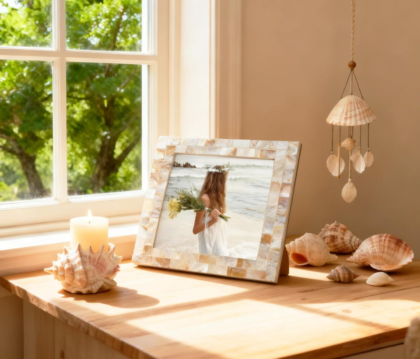 Silver Plate Picture Frame 5x7 Mother of Pearl 5 by 7 Photo Frame Mosaic Glass Tabletop Frame (Grey+ White,1pc)