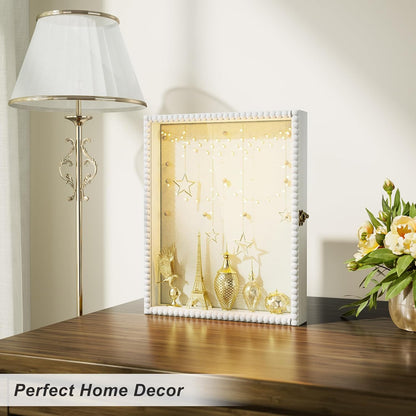 Love-KANKEI Shadow Box Frame 11x14, Deep Large Shadow Box Display Case with Unique Beads Door and Glass Window, Wood Memory Box for Pictures,Medals,Memorabilia,Collections White