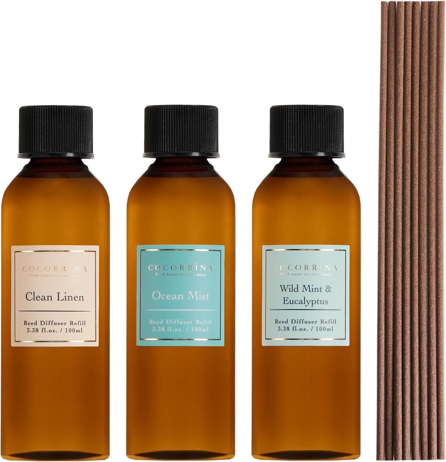 COCORRÍNA Reed Diffuser Set, 10.2oz Scented Oil Refill 3 Pack, Cashmere Vanilla, Ocean Mist, Lavender Garden, Long Lasting Oil Diffuser Refill with 18 Sticks for Bathroom & Bedroom