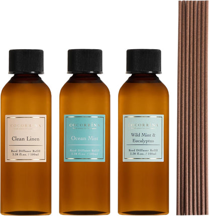 COCORRÍNA Reed Diffuser Set, 10.2oz Scented Oil Refill 3 Pack, Cashmere Vanilla, Ocean Mist, Lavender Garden, Long Lasting Oil Diffuser Refill with 18 Sticks for Bathroom & Bedroom