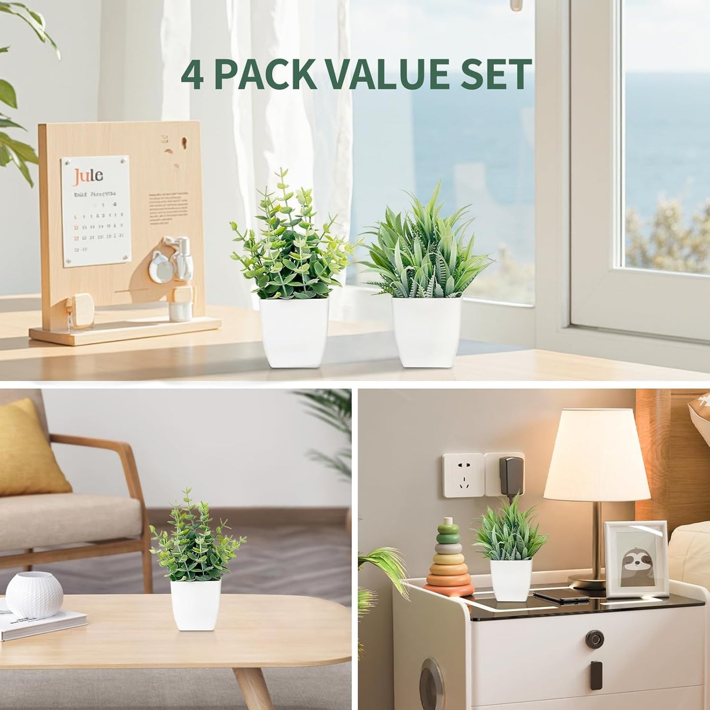 2 Pack Artificial Potted Plants Small Fake Eucalyptus - 7.5 Inch Mini Indoor Plants for Shelf, Desk, Bathroom Decor, Mantel Real Touch Faux Greenery (Sage Green)