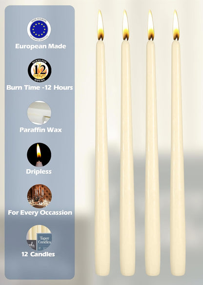 Hyoola 12 Pack Tall Taper Candles - 10 Inch Woolwhite Dripless, Unscented Dinner Candle - Paraffin Wax with Cotton Wicks - 8 Hour Burn Time