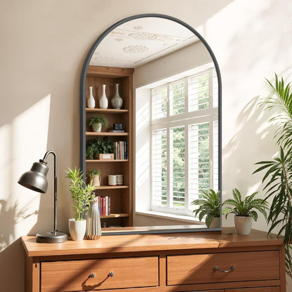 Bathroom Mirror for Wall, 24 Inch Round Mirror, Matte Black Metal Framed Circle Vanity Mirror for Bathroom Bedroom Living Room Entryway, Anti-Rust, Tempered Glass, Hanging or Leaning