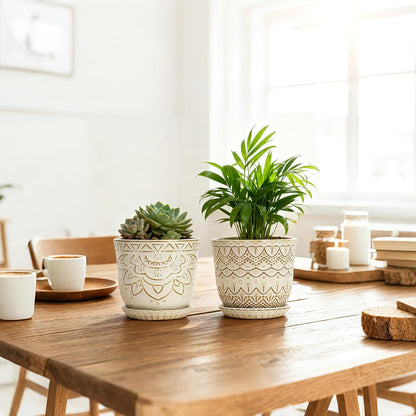 Gepege 6 Inch Beaded Ceramic Planter Set of 2 with Drainage Hole and Saucer for Plants, Indoor-Outdoor Large Round Succulent Orchid Flower Pot (Smoked Gray, Inner-pots not Larger Than 5 Inch)