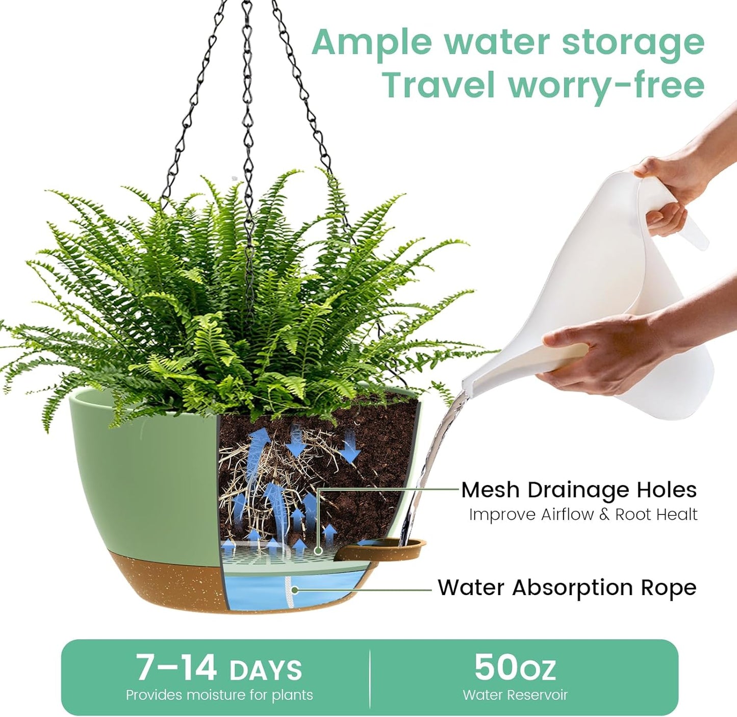 UOUZ 13 Inch 2 Pack Large Self Watering Hanging Planters for Indoor Outdoor Plants, Hanging Plant Pots with Removable 50 Oz Reservoir, Plastic Hanging Basket for Window Porch Garden Balcony, Black