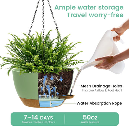 UOUZ 13 Inch 2 Pack Large Self Watering Hanging Planters for Indoor Outdoor Plants, Hanging Plant Pots with Removable 50 Oz Reservoir, Plastic Hanging Basket for Window Porch Garden Balcony, Black