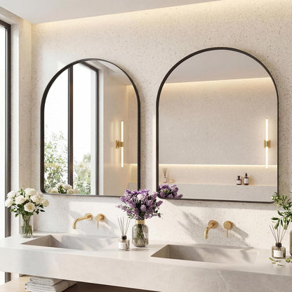 OLIXIS Arched Bathroom Mirror for Over Sink, 34x32 Inch Wall Mirror Arched Rounded Rectangle, Modern Wall Mount Vanity Mirror with Matte Metal Deep Framed, for Home Decor, Living Room, Black