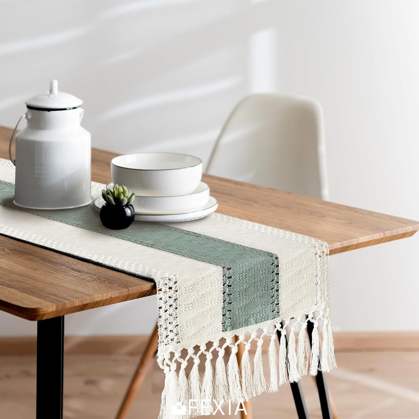FEXIA Boho Table Runner for Thanksgiving Fall Christmas Home Decor with Tassels 72 Inches Long Pottery barn Furniture Farmhouse Rustic Macrame Burlap Table Decoration for Living Room (12x72 Inches)