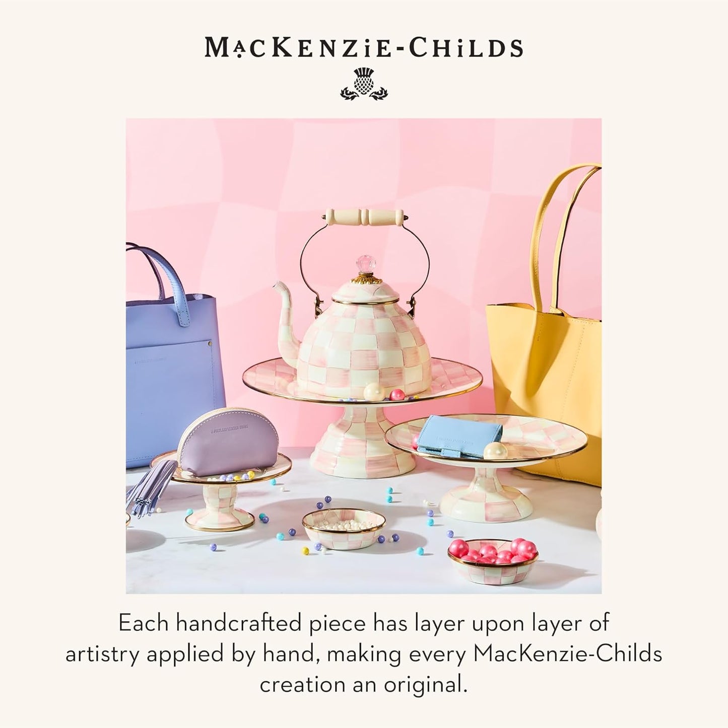 MACKENZIE-CHILDS Enamel Pedestal Serving Platter, Decorative Serving Dish for Food, Small, Black-and-White Courtly Check