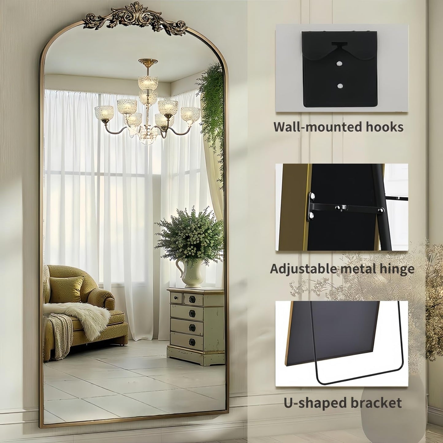 Dewfig Arched Full Length Mirror, 76"x34" Large Floor Mirror, Full Body Mirrors for Leaning or Hanging, Standing Mirrors for Bedroom, Living Room,Dressing Room, Aluminum Alloy Frame, Black