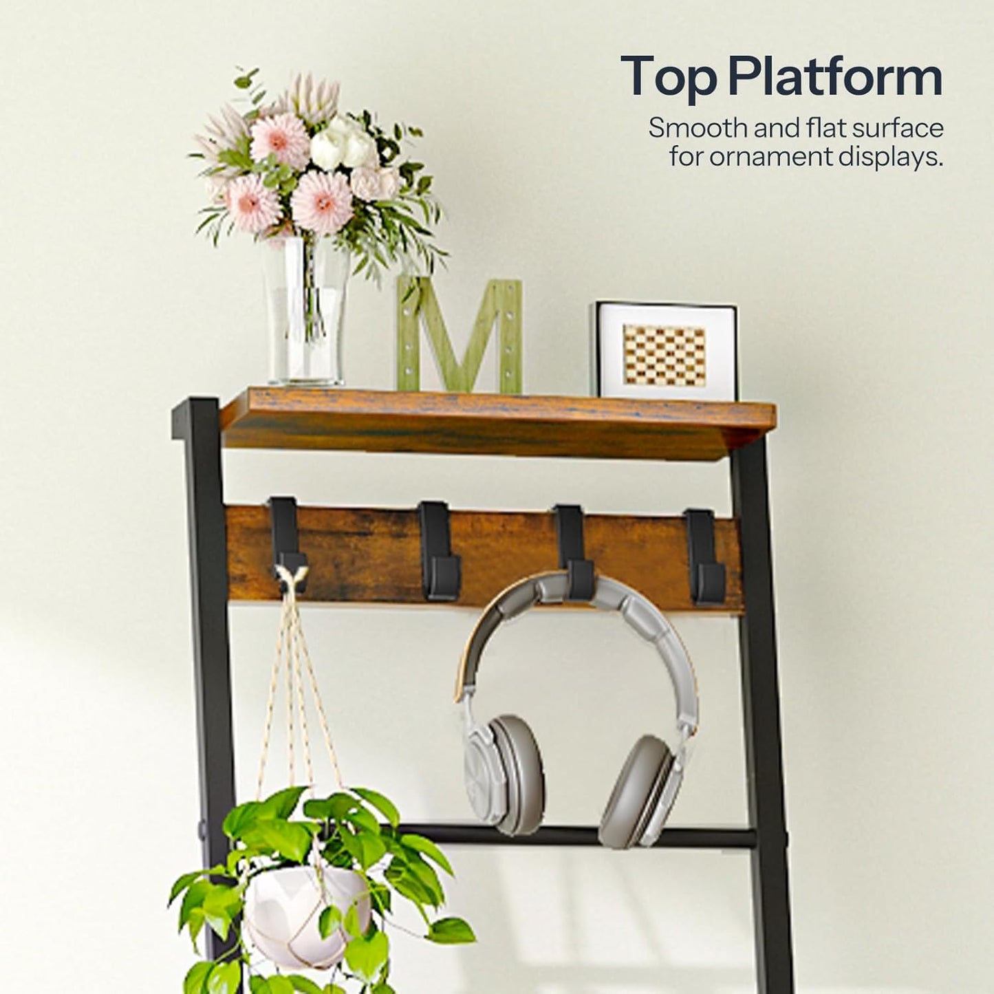 HOOBRO Blanket Ladder, 7-Tier Giraffe Shape Towel Rack for Living Room and Bedroom, 63.4" H Decorative Ladder Shelf with Hooks, Metal Frame, Industrial Style, Rustic Brown and Black BF13CJ01