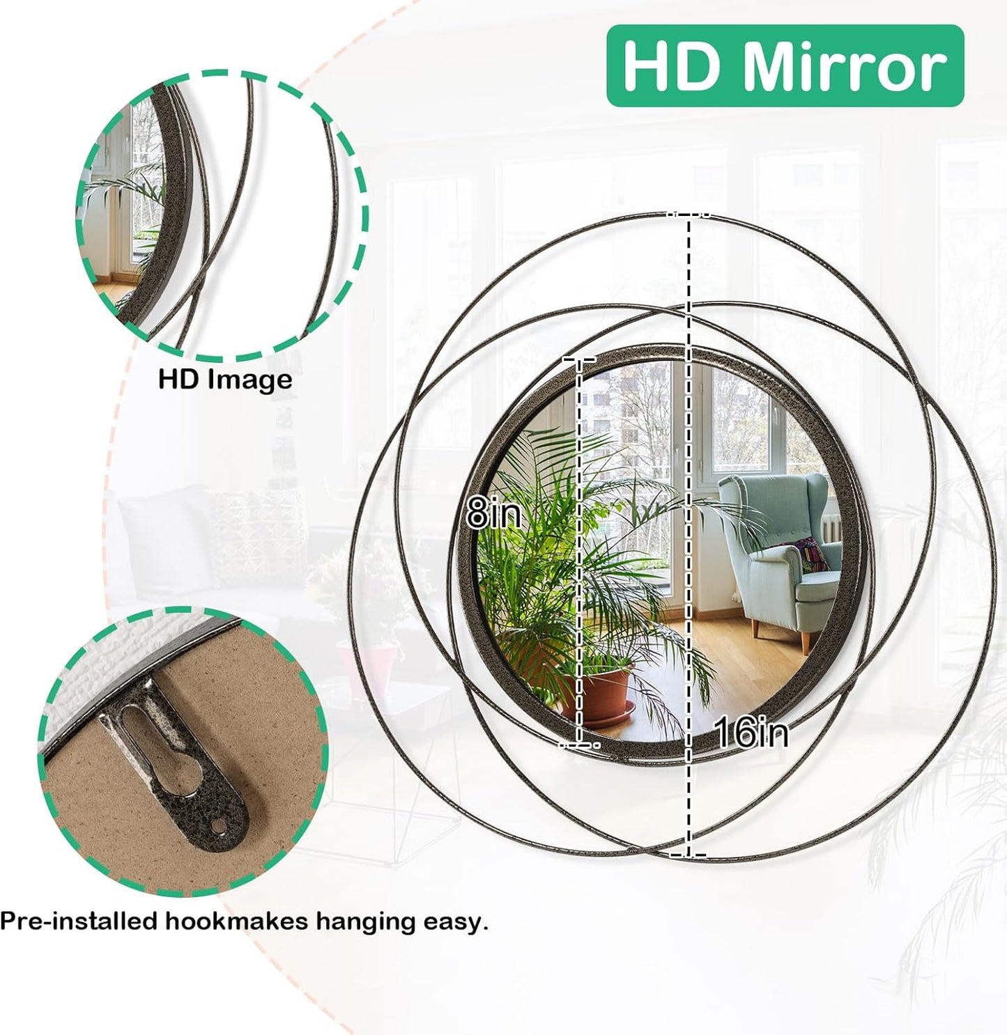 Gold Sunburst Mirrors for Wall Decorative Metal Round Art Mirrors Large Wall Decor Hanging Mirror for Bathroom Bedroom Living Room Vanity Entryway 16"