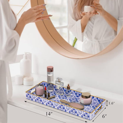 MAONAME White Decorative Tray, Plastic Serving Tray with Handles, Rectangular Moroccan Trays, Long Narrow Trays for Bathroom, Kitchen Counter, 13.8" X 6" X 1.57"